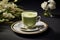 Matcha latte in exquisite tableware and sophisticated backdrop