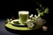 Matcha latte in exquisite tableware and sophisticated backdrop