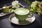 Matcha latte in exquisite tableware and sophisticated backdrop