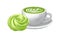 Matcha latte and sweet cake. Green tea with milk. Dessert green tea flavor. Ceramic cup and saucer. Realistic sketch