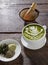 matcha latte wood background