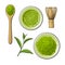 Matcha powder bowl, wooden spoon and whisk, green tea leaf