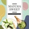 Matcha sweet social media design with mochi, chasen whisk watercolor illustration