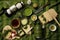 matcha tea brewing essentials arranged on a picnic blanket