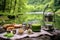 matcha tea brewing process with picnic setup near a river