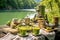 matcha tea brewing process with picnic setup near a river