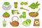 Matcha tea mega set in flat cartoon design. Bundle elements of green powder, latte in mug, paper cup, teapot, desserts,