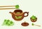 Matcha tea set: teapot, spoon, cup, matcha green tea, sticks. Asian japanese and chinese drink ceremony