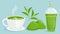 Matcha tea vector illustration set, cartoon flat green powder and leaf, delicious bubble tea, hot cup of matcha latte