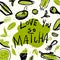 Matcha. Vector doodle illustration of matcha tea products with text Love you so Matcha. Japanese tea ceremony.