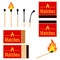 Matches flat design set Vector illustrations burning matchstick on fire, burnt matchstick isolated on white background.