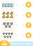 Matching education game. Count how many items and choose the correct number. A set of food
