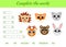 Matching educational game for children with cute animals. Write missing letters and complete words. Educational activity page for