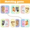 Matching educational game. match animals faces. Activity page for kids, children, toddlers