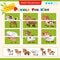 Matching game for children. Puzzle for kids. Match the right parts of the images. Baby animals. Little calf, lamb, fawn, kid