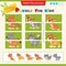 Matching game for children. Puzzle for kids. Match the right parts of the images. Baby animals. Little cat, wolf, lion, tiger,