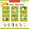 Matching game for children. Puzzle for kids. Match the right parts of the images. Duckling, chick, gosling, turkey, penguin,