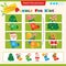 Matching game for children. Puzzle for kids. Match the right parts of the images. New year. Christmas tree with ornaments. Santa