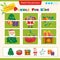 Matching game for children. Puzzle for kids. Match the right parts of the images. New year. Christmas tree with ornaments. Santa