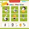 Matching game for children. Puzzle for kids. Match the right parts of the images. Ostrich, stork, chick, gosling, penguin, pelican