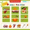 Matching game for children. Puzzle for kids. Match the right parts of the images. Transport. Fire truck, fire, extinguisher,