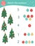 Matching game with Christmas trees and balls. Holiday math activity for preschool children. New Year counting worksheet.