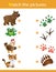 Matching game, education game for children. Puzzle for kids. Match the right object. Animal tracks. Whose trail? Bear, frog,