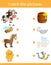 Matching game, education game for children. Puzzle for kids. Match the right object. Cartoon Animals. Cow, bee, horse, chicken