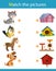 Matching game, education game for children. Puzzle for kids. Match the right object. Cartoon animals with their homes. Cat, bird,