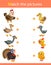 Matching game, education game for children. Puzzle for kids. Match the right object. Cartoon animals with their young. Chicken,