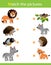 Matching game, education game for children. Puzzle for kids. Match the right object. Cartoon animals with their young. Lion, bird