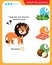Matching game, education game for children. Puzzle for kids. Match the right object. Help the lion find his favorite food