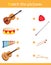 Matching game, education game for children. Puzzle for kids. Match the right object. Musical instruments. Violin, drum, guitar,