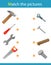 Matching game, education game for children. Puzzle for kids. Match the right object. Set of tools. Hammer, saw,  wrench,