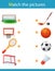 Matching game, education game for children. Puzzle for kids. Match the right object. Sports equipment. Basketball, soccer, hockey