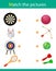 Matching game, education game for children. Puzzle for kids. Match the right object. Sports equipment. Darts, Archery, bowling,