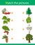 Matching game, education game for children. Puzzle for kids. Match the right object. Trees and their fruits. Pine, birch, Rowan,