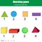Matching game. Educational children activity. Learning geometric shapes theme. 2D and 3D