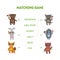 Matching Game, Hedgehog, Wild Boar, Wolf, Fox, Bunny, Bear, Word Matching Quiz Educational Game for Kids Vector