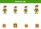 Matching game for preschool kids. Match Christmas elves and presents by size
