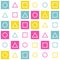 Matching pairs geometry game memory training. Circle, triangle, square tile on pink teal yellow white background