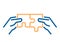 Matching puzzle pieces vector thin line icon. Two hands joining and linking together two pieces of a jigsaw puzzle. Business