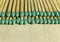 Matchsticks with green tips on a birch board macro close up