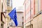 Matera, Italy - March 11, 2019: Flags of Europe in the tourist city of Matera, to host the European year of culture