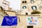 Matera, Italy - March 11, 2019: Flags of Europe in the tourist city of Matera, to host the European year of culture