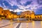 Matera, Italy, Vittorio Veneto square: Night view of the St. Domenico church and Materdomini church over the Hypogeum ruins