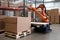 material handling and palletizing robot with cargo container, ready to ship products