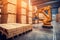 material handling and palletizing robot stacking boxes on pallet in warehouse