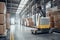 materials handling robot, loading box onto pallet, with view of busy warehouse visible in the background