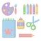 Materials for kid`s creativity in flat style. paints and a brush, scissors, notebook, pencil, glue, crayons. Vector illustration